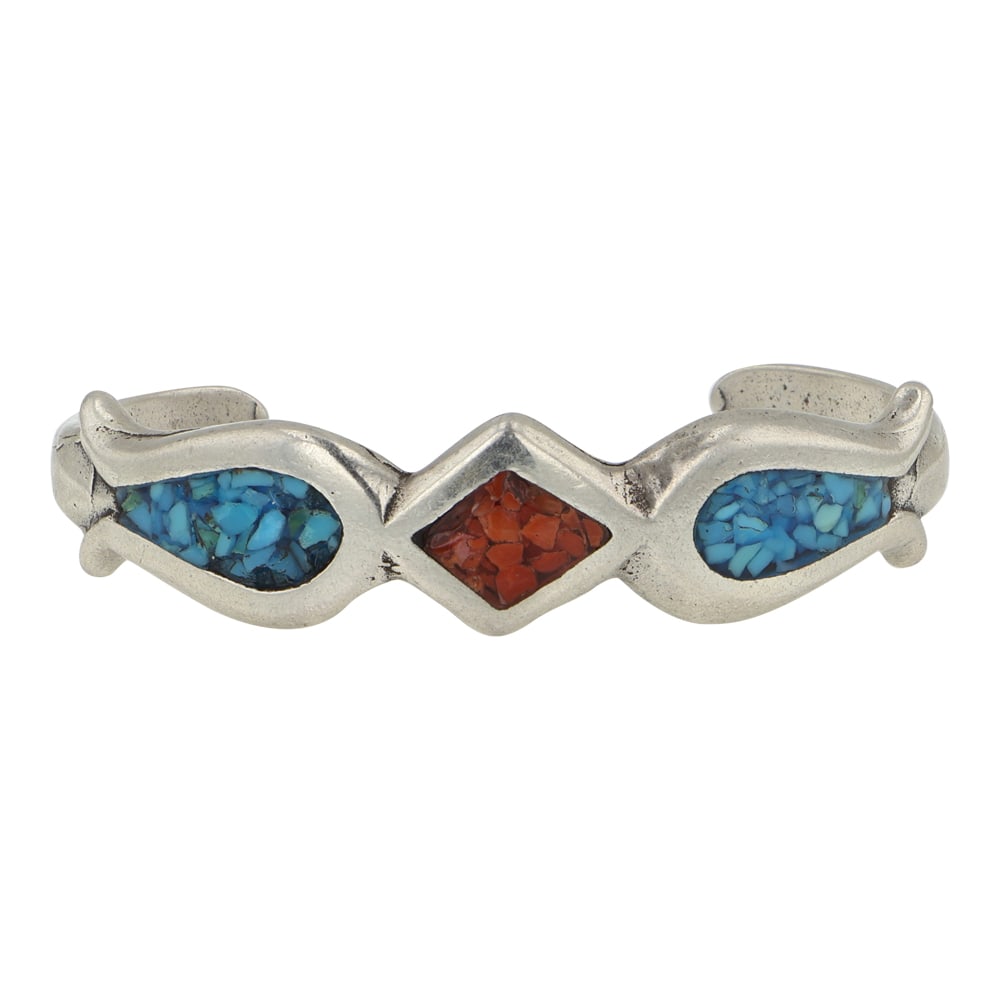 Vintage Navajo Turquoise & Coral Chip Inlay Bracelet (1 of 3)