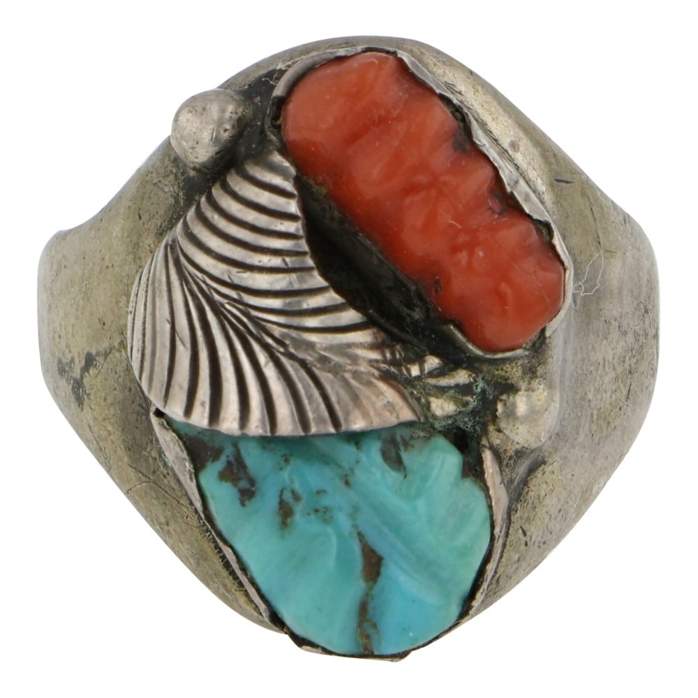 Vintage Loyolita Tsatte Zuni Turquoise & Coral Carved Ring: Sterling Silver | Genuine Turquoise & Coral | Vintage Loyolita Tsatte Zuni Turquoise & Coral Carved Ring | Zuni Native American Southwest Indian Jewelry | Good (no breaks or damages) | Approximate