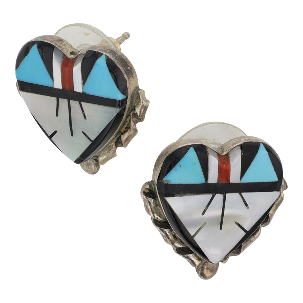 Zuni Turquoise Coral Acoma Jet & Mother of Pearl Inlay Heart Earrings (1 of 2)