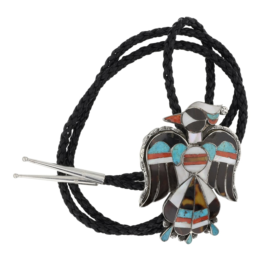 Zuni Turquoise Coral Mother of Pearl Acoma Jet & Shell Inlay Bolo Tie: Sterling Silver | Genuine Turquoise, Coral, Mother of Pearl Acoma Jet & Shell | Zuni Turquoise Coral Mother of Pearl Acoma Jet & Shell Inlay Bolo Tie | Zuni Native American Southwest Indian Jewelry |