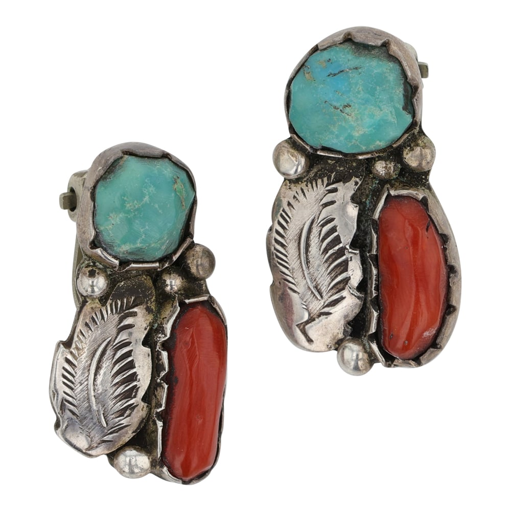 Vintage Navajo Mediterranean Coral & Kingman Turquoise Clip On Earrings (1 of 2)