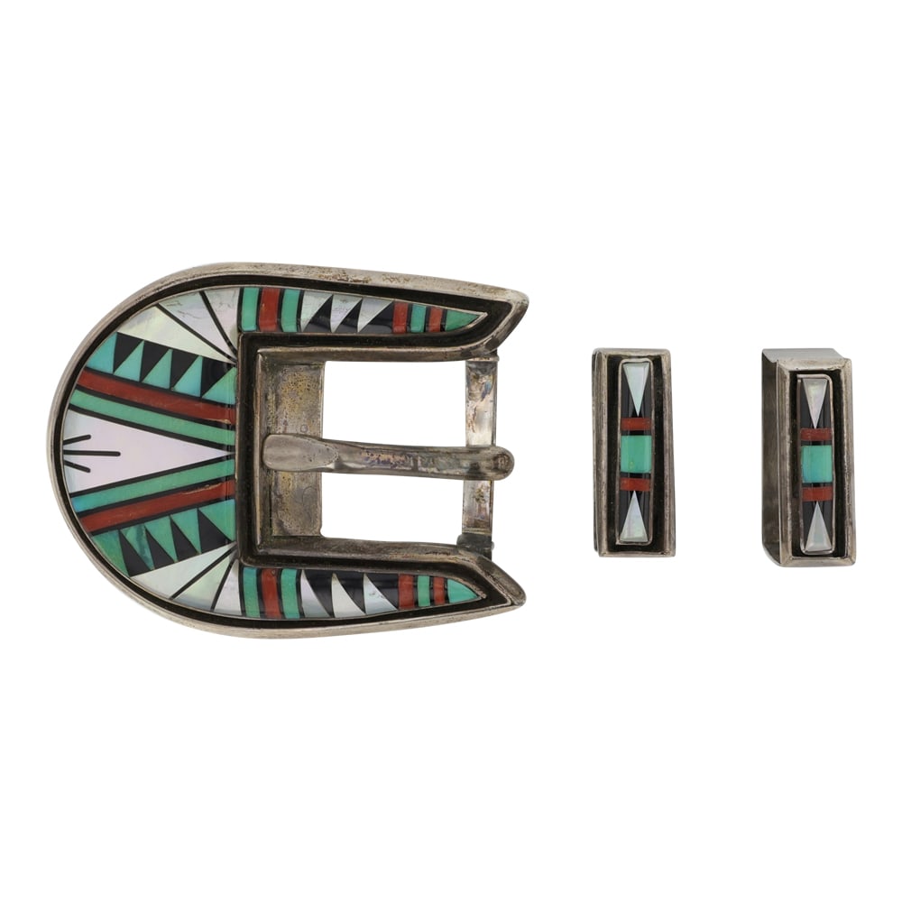 David Lucio Vintage Zuni Turquoise Coral Acoma Jet & Mother of Pearl Inlay Ranger Buckle: Sterling Silver | Genuine Turquoise, Coral, Acoma Jet & Mother of Pearl | David Lucio Vintage Zuni Turquoise Coral Acoma Jet & Mother of Pearl Inlay Ranger Buckle | Zuni Native American Southwest Indi