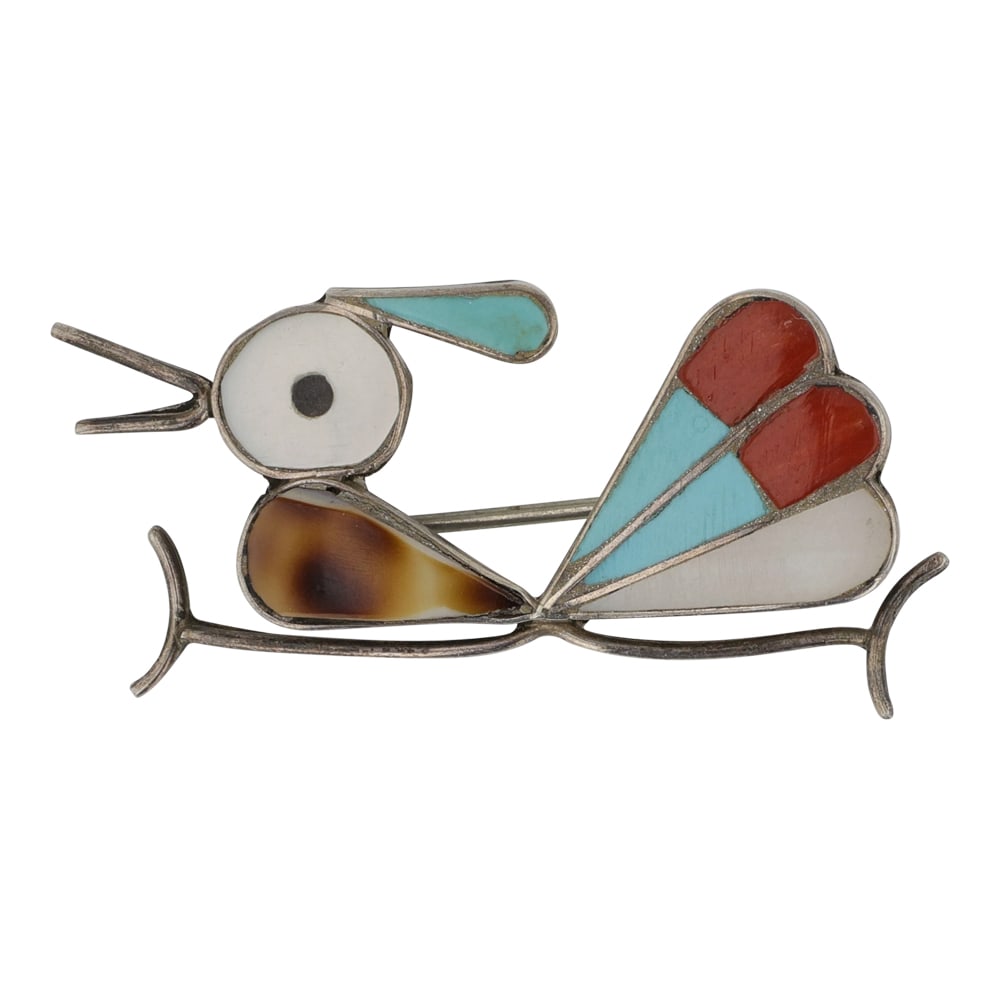 Vintage Zuni Turquoise Coral & Shell Inlay Roadrunner Pin (1 of 2)