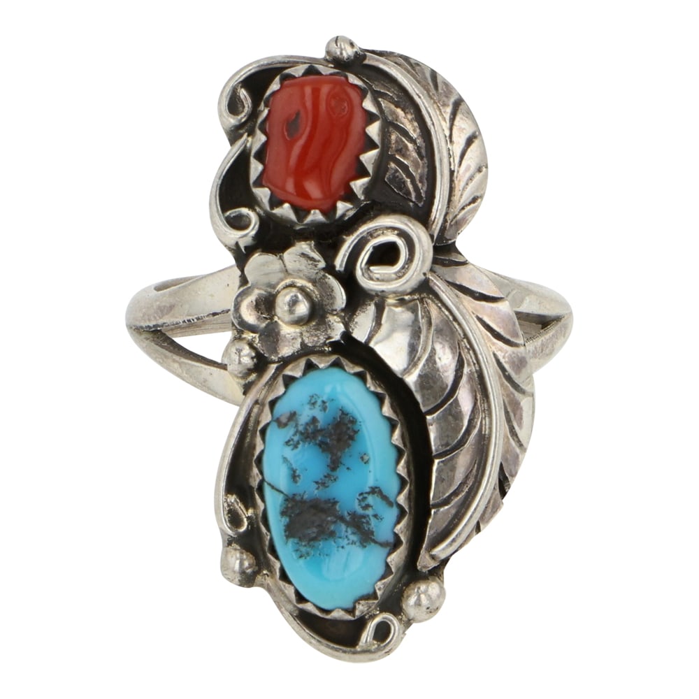 Navajo Turquoise & Coral Ring: Sterling Silver | Genuine Turquoise & Coral | Navajo Turquoise & Coral Ring | Navajo Native American Southwest Indian Jewelry | Good (no breaks or damages) | Approximate Weight: 3 Grams | Ring: