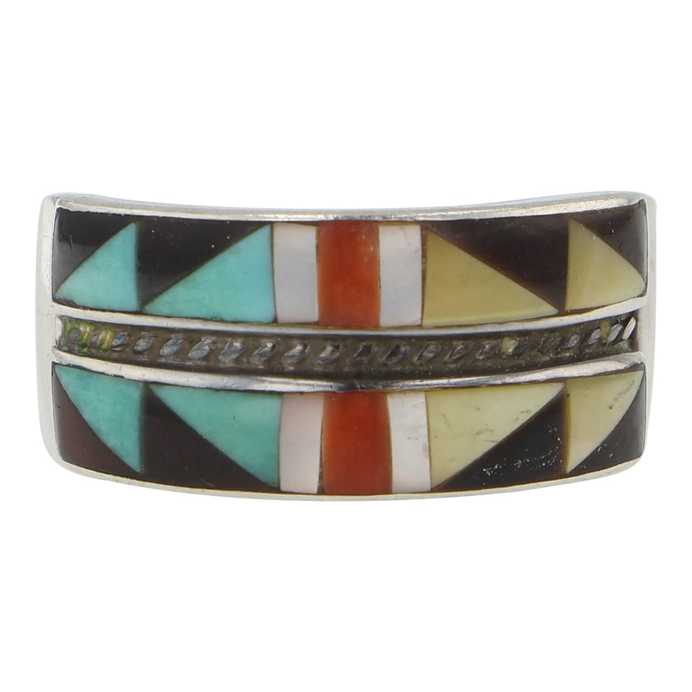 Zuni Turquoise Coral Acoma Jet & Shell Inlay Ring: Sterling Silver | Genuine Turquoise, Coral, Acoma Jet & Shell | Zuni Turquoise Coral Acoma Jet & Shell Inlay Ring | Zuni Native American Southwest Indian Jewelry | Good (no breaks or damages) |