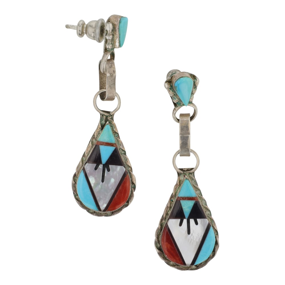 Zuni Turquoise Coral & Mother of Pearl Inlay Earrings (1 of 2)
