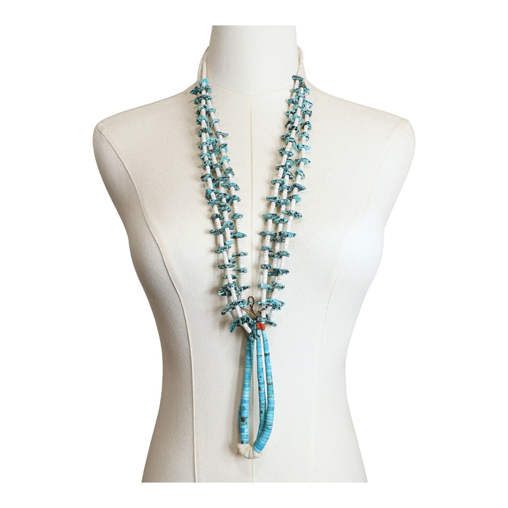 Vintage Santo Domingo Turquoise Coral & Mother of Pearl Jacla Necklace: | Genuine Turquoise, Coral & Mother of Pearl | Vintage Santo Domingo Turquoise Coral & Mother of Pearl Jacla Necklace | Santo Domingo Pueblo Native American Southwest Indian Jewelry | Good (no breaks