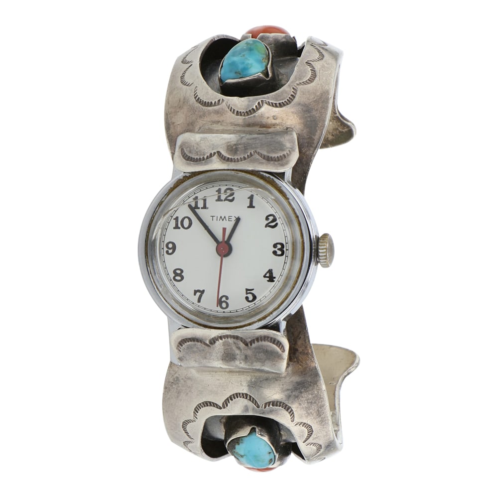 Vintage Navajo Turquoise & Coral Watch Bracelet (1 of 4)