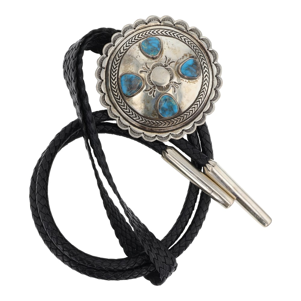Allison Snowhawk Lee (1958-2022) Award winning Navajo Arist Bisbee Turquoise Bolo Tie: Sterling Silver | Genuine Bisbee Turquoise | Allison Snowhawk Lee (1958-2022) Award winning Navajo Arist Bisbee Turquoise Bolo Tie | Navajo Native American Southwest Indian Jewelry | Good (no breaks o
