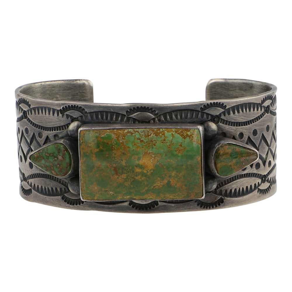 Gilbert Secatero Navajo Royston Turquoise Heavy Stamp Work Cuff Bracelet: Sterling Silver | Genuine Royston Turquoise | Gilbert Secatero Navajo Royston Turquoise Heavy Stamp Work Cuff Bracelet | Navajo Native American Southwest Indian Jewelry | Good (no breaks or damages) |