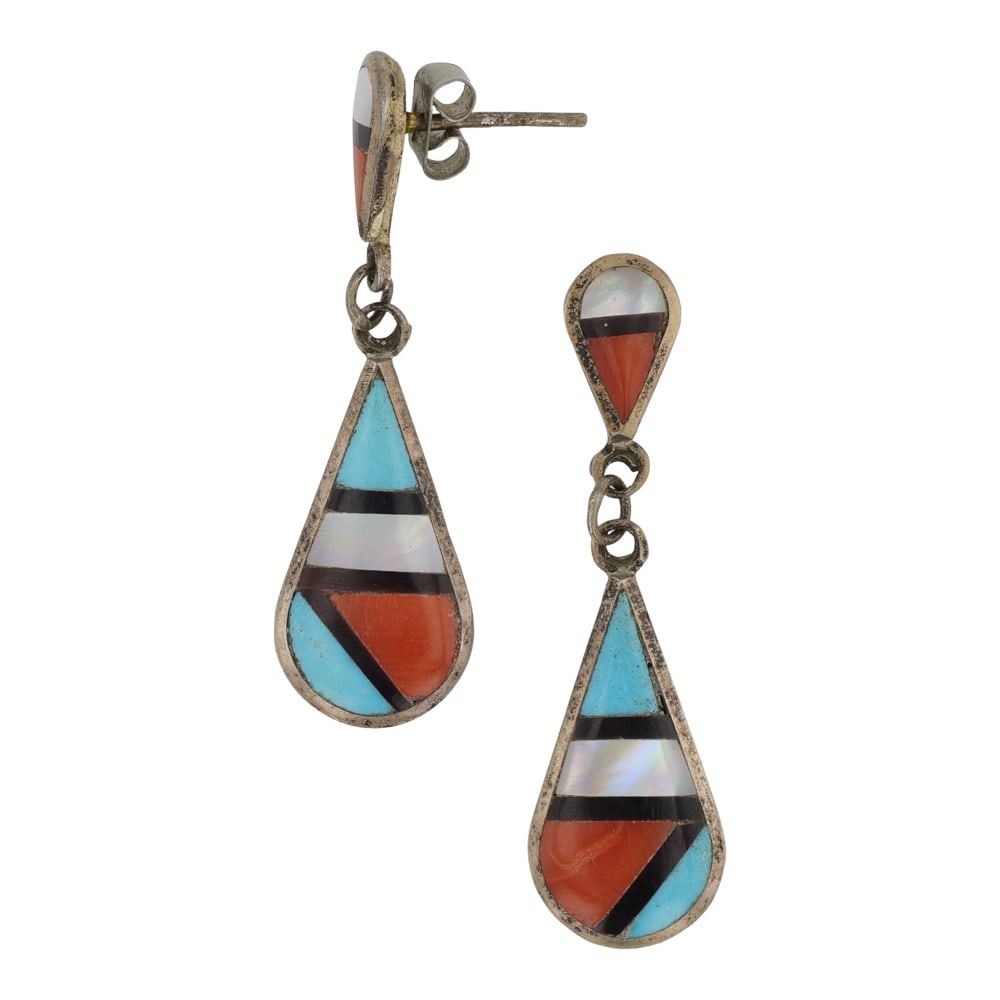 Zuni Turquoise Coral Acoma Jet & Mother of Pearl Inlay Earrings (1 of 2)