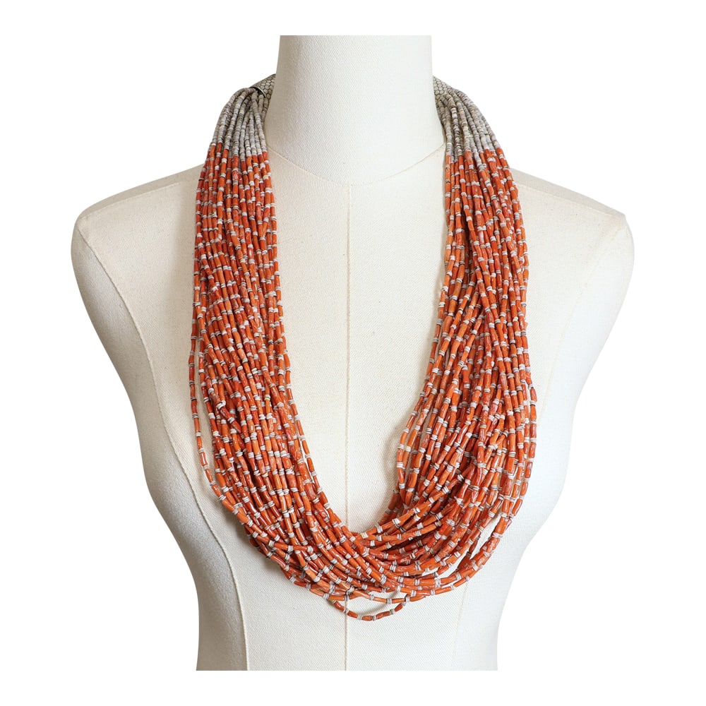 Navajo Mediterranean Coral & Shell Heishi 46 Strand Necklace: Sterling Silver | Genuine Mediterranean Coral & Shell Heishi | Navajo Mediterranean Coral & Shell Heishi 46 Strand Necklace | Navajo Native American Southwest Indian Jewelry | Good (no breaks or damag