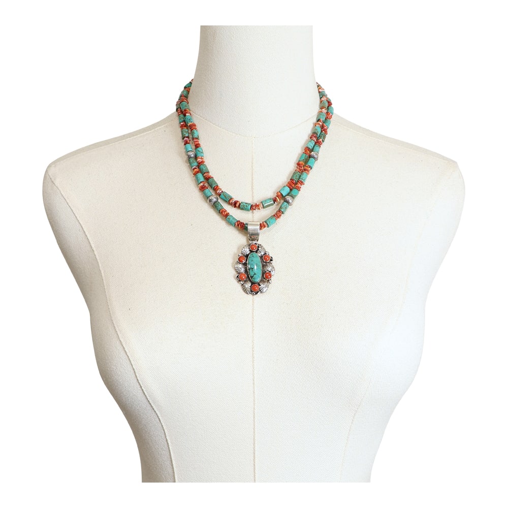 Eva M. King Navajo Turquoise & Coral Necklace: Sterling Silver | Genuine Turquoise & Coral Pendant, Turquoise & Spiny Oyster Necklace | Eva M. King Navajo Turquoise & Coral Necklace | Navajo Native American Southwest Indian Jewelry | Good (no brea