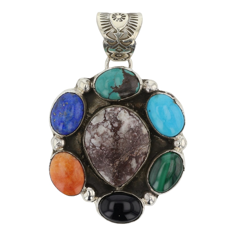 Navajo Turquoise lapis Spiny Oyster Black Onyx Malachite & Wildhorse Pendant (1 of 2)