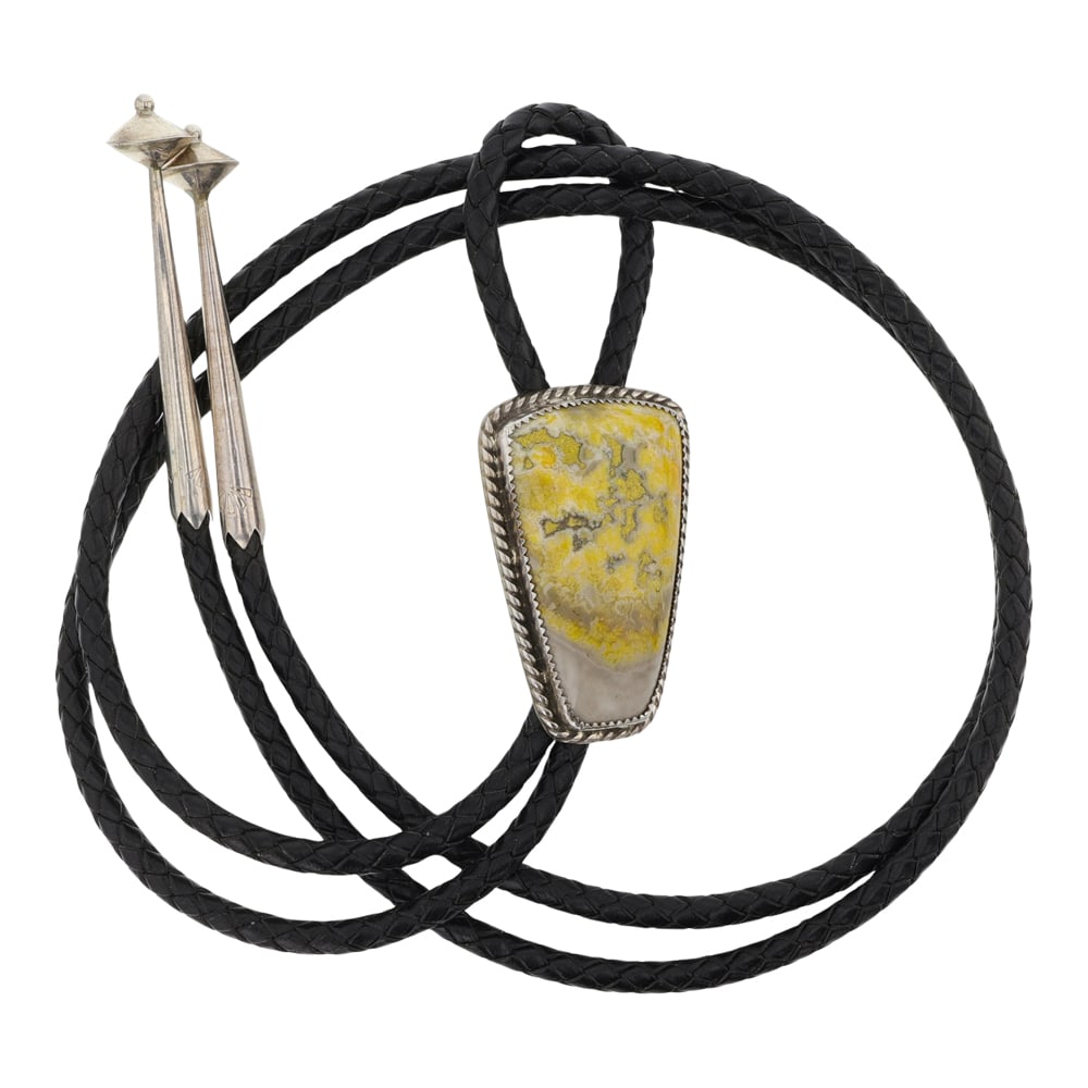 Navajo Bumble Bee Jasper Bolo Tie: Sterling Silver | Genuine Bumble Bee Jasper | Navajo Bumble Bee Jasper Bolo Tie | Navajo Native American Southwest Indian Jewelry | Good (no breaks or damages) | Approximate Weight: 50 Grams | Bolo: 2