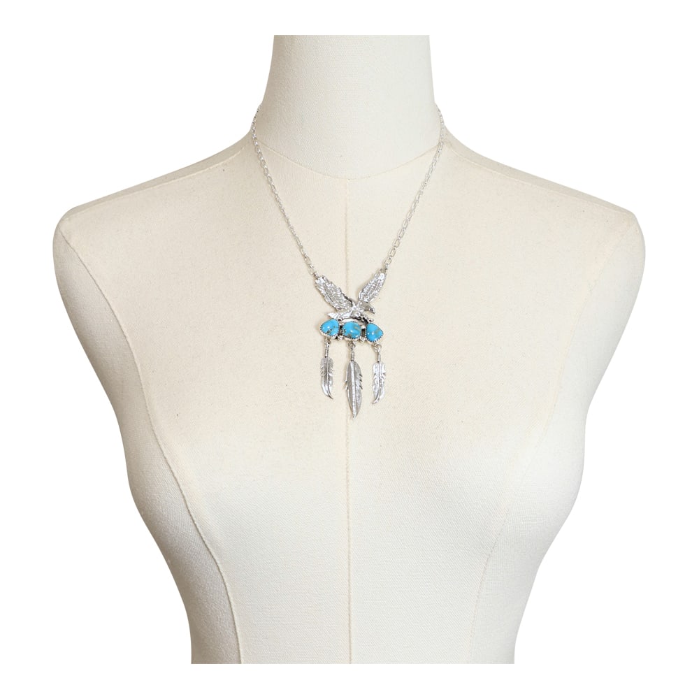 RB Navajo Kingman Turquoise Eagle Small Choker Necklace: Sterling Silver | Genuine Kingman Turquoise | RB Navajo Kingman Turquoise Eagle Small Choker Necklace | Navajo Native American Southwest Indian Jewelry | Good (no breaks or damages) | Approximate Weig