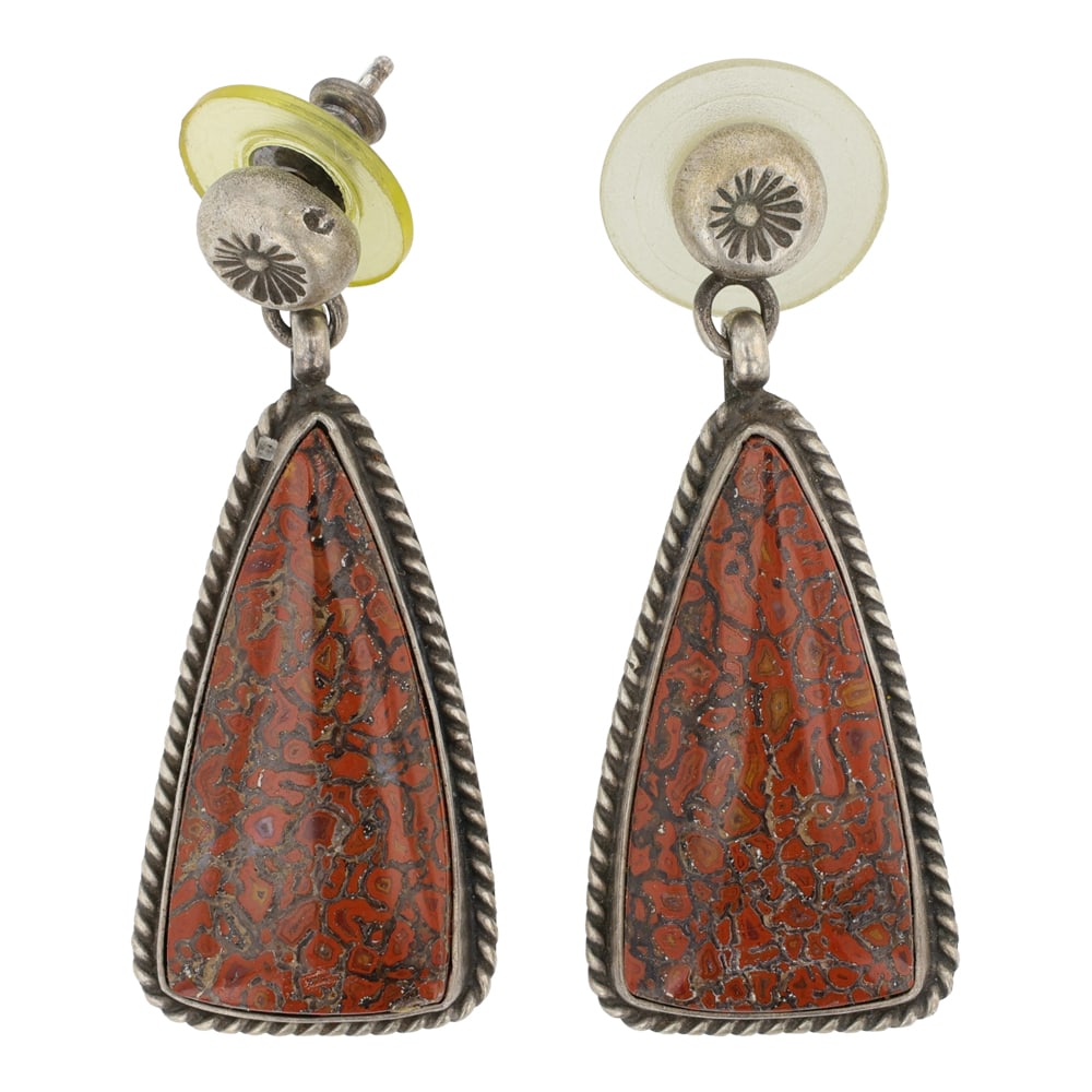 Dean Sandoval Jr. Navajo Dinosaur Bone Fossilized Earrings: Sterling Silver | Fossilized Dinosaur Bone | Dean Sandoval Jr. Navajo Dinosaur Bone Fossilized Earrings | Navajo Native American Southwest Indian Jewelry | Good (no breaks or damages) | Approximate We