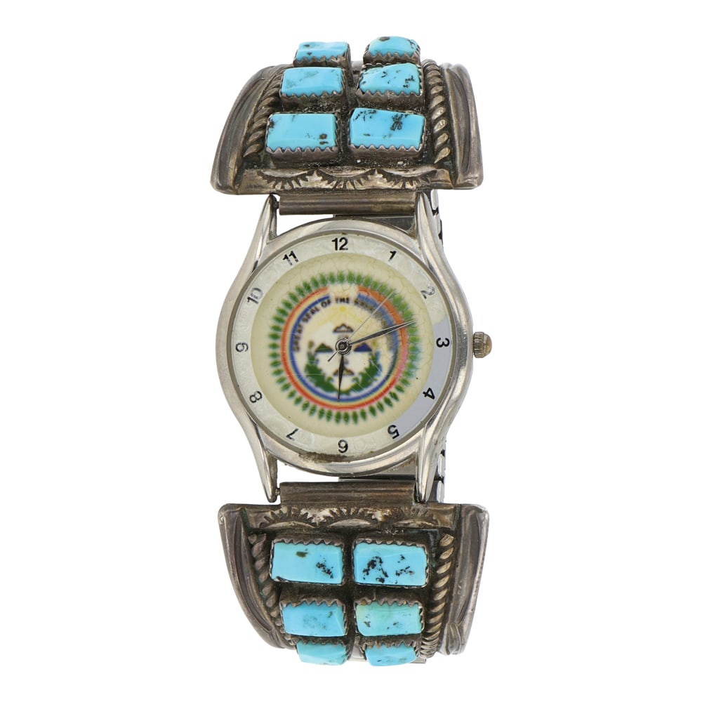 Tommie Tso Jr. Navajo Vintage Sleeping Beauty Turquoise Watch Bracelet: Sterling Silver | Genuine Sleeping Beauty Turquoise | Tommie Tso Jr. Navajo Vintage Sleeping Beauty Turquoise Watch Bracelet | Navajo Native American Southwest Indian Jewelry | Good (no breaks or dama