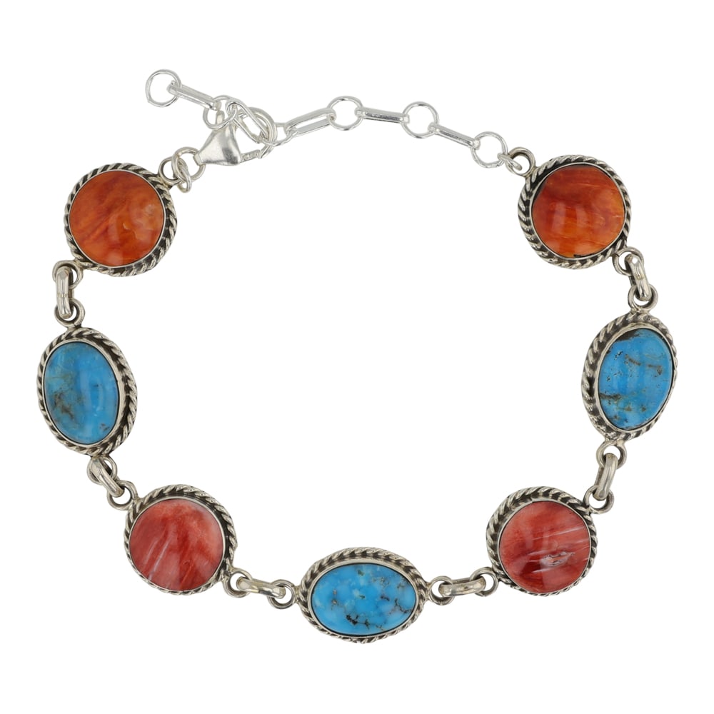 Navajo Spiny Oyster & Turquoise Link Bracelet: Sterling Silver | Genuine Spiny Oyster & Turquoise | Navajo Spiny Oyster & Turquoise Link Bracelet | Navajo Native American Southwest Indian Jewelry | Good (no breaks or damages) | Approximate Weight: