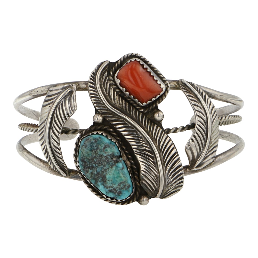Vintage Navajo Turquoise & Coral Cuff Bracelet (1 of 3)