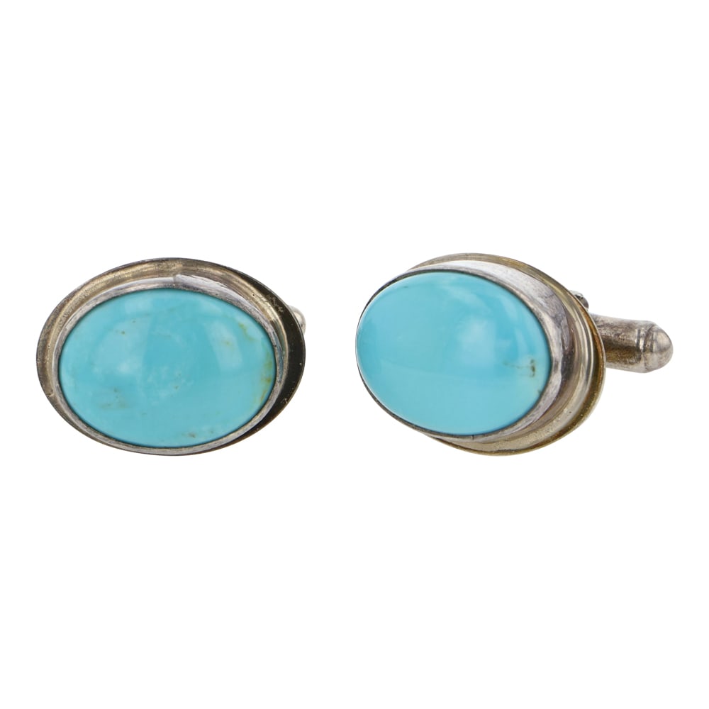 Navajo Kingman Turquoise Cuff Links: Sterling Silver | Genuine Kingman Turquoise | Navajo Kingman Turquoise Cuff Links | Navajo Native American Southwest Indian Jewelry | Good (no breaks or damages) | Approximate Weight: 10 Grams | Cuffl