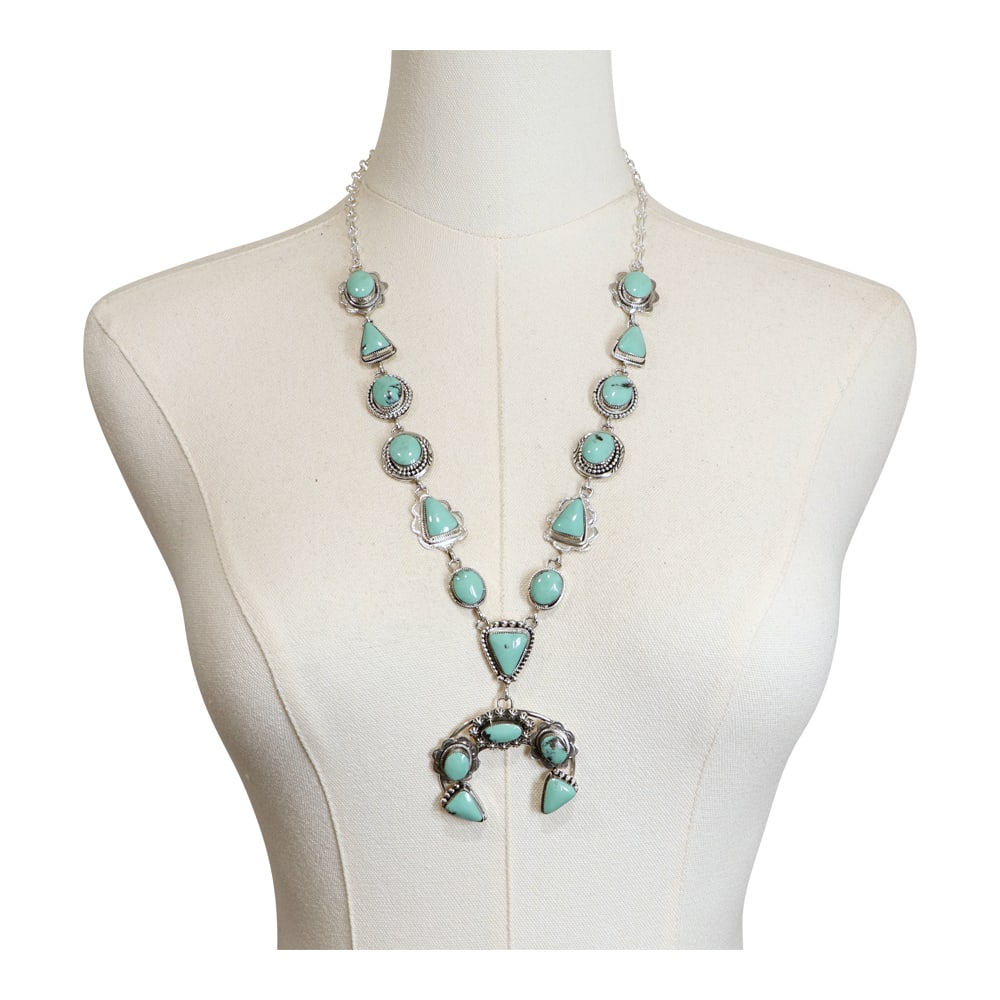 RB Navajo Compitos Turquoise Naja Necklace: Sterling Silver | Genuine Compitos Turquoise | RB Navajo Compitos Turquoise Naja Necklace | Navajo Native American Southwest Indian Jewelry | Good (no breaks or damages) | Approximate Weight: 82 Grams