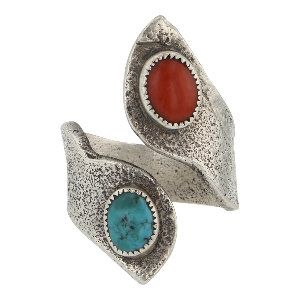 Navajo Turquoise & Coral Tufa Cast Adjustable Ring: Sterling Silver | Genuine Turquoise & Coral | Navajo Turquoise & Coral Tufa Cast Adjustable Ring | Navajo Native American Southwest Indian Jewelry | Good (no breaks or damages) | Approximate Weight: 1