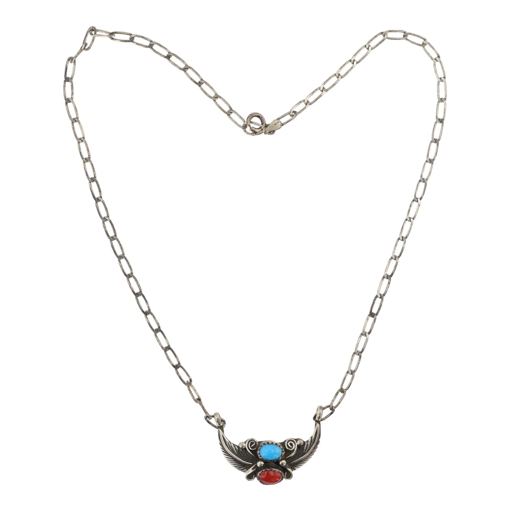 Vintage Navajo Turquoise & Coral Choker Necklace: Sterling Silver | Genuine Turquoise & Coral | Vintage Navajo Turquoise & Coral Choker Necklace | Navajo Native American Southwest Indian Jewelry | Good (no breaks or damages) | Approximate Weight: 8 G