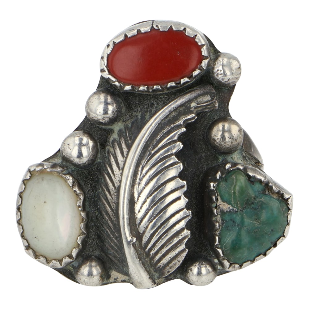 Vintage Navajo Turquoise Mother of Pearl & Coral Ring: Sterling Silver | Genuine Turquoise, Mother of Pearl & Coral | Vintage Navajo Turquoise Mother of Pearl & Coral Ring | Navajo Native American Southwest Indian Jewelry | Good (no breaks or damages) | A