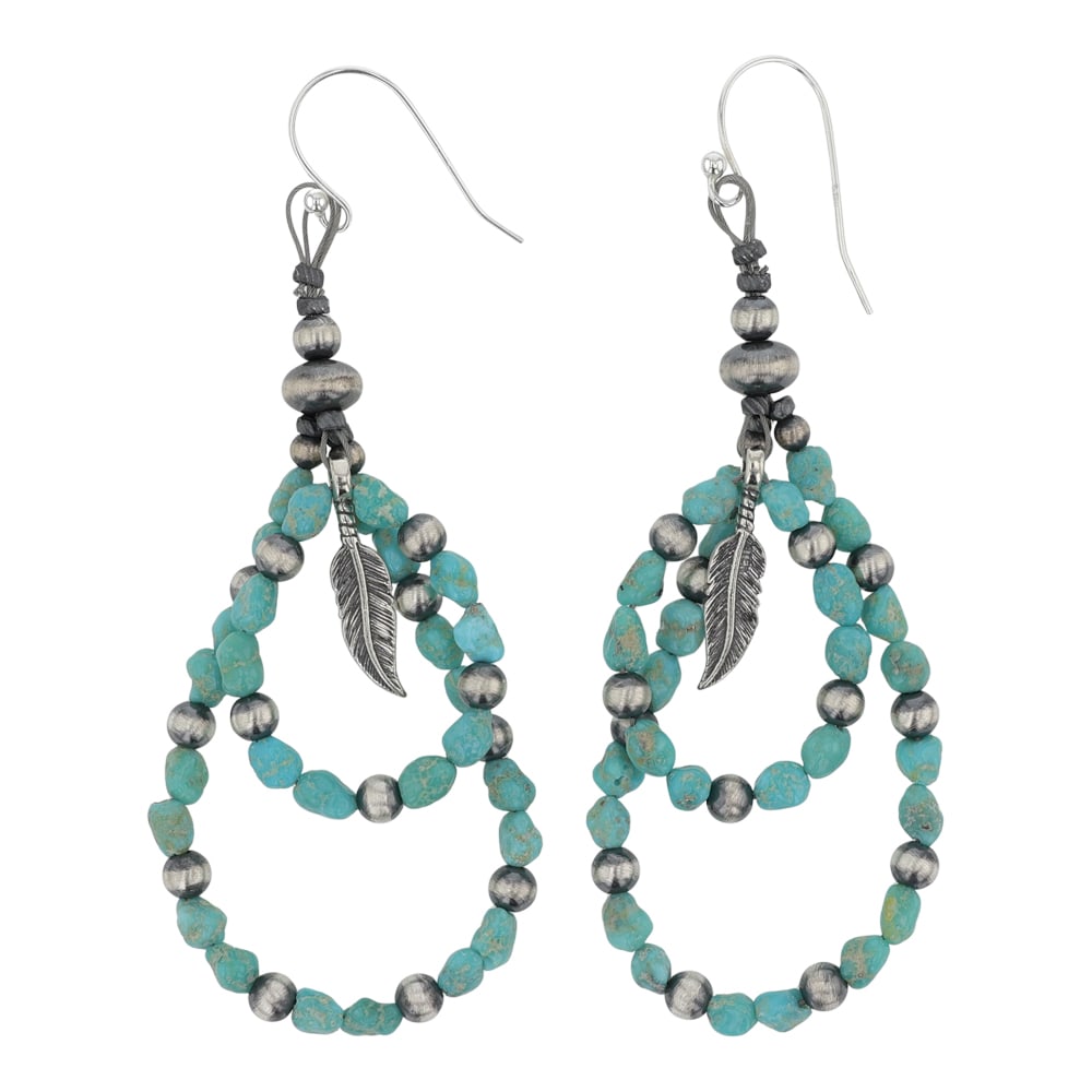 Navajo Compitos Turquoise & Oxidized Beads Hoop Earrings: Sterling Silver | Genuine Compitos Turquoise | Navajo Compitos Turquoise & Oxidized Beads Hoop Earrings | Navajo Native American Southwest Indian Jewelry | Good (no breaks or damages) | Approximate We