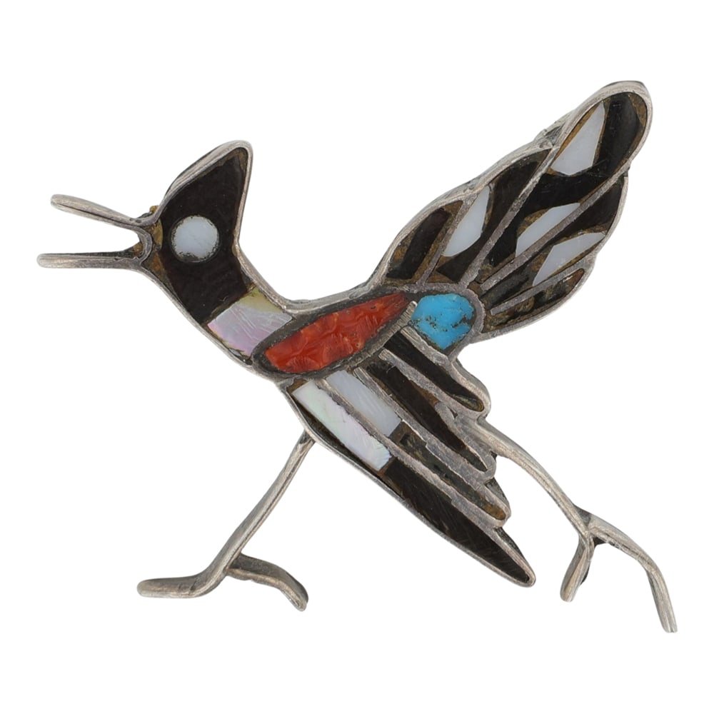 Vintage Zuni Turquoise Coral & Mother of Pearl Inlay Pin (1 of 2)