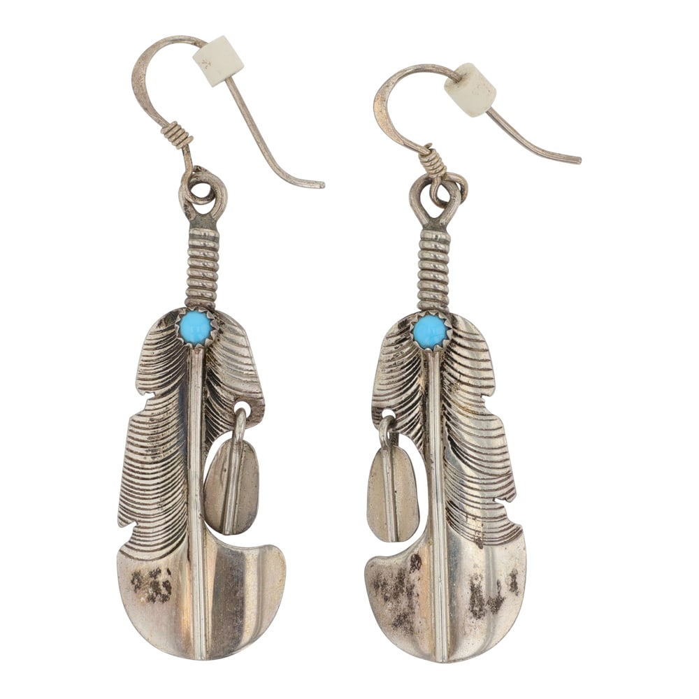 Navajo Kingman Turquoise Feather Earrings: Sterling Silver | Genuine Kingman Turquoise | Navajo Kingman Turquoise Feather Earrings | Navajo Native American Southwest Indian Jewelry | Good (no breaks or damages) | Approximate Weight: 4 Grams |