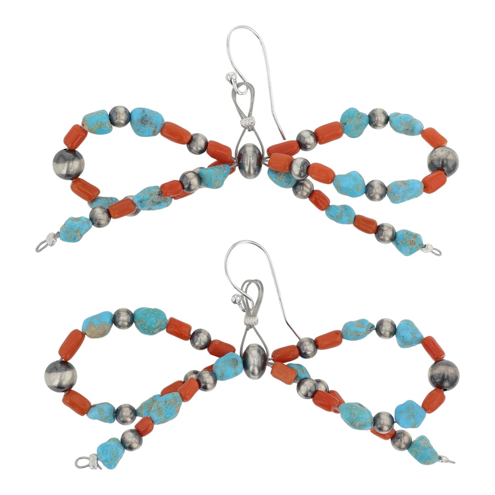 Navajo Turquoise & Coral Bow Tie Earrings: Sterling Silver | Genuine Turquoise & Coral | Navajo Turquoise & Coral Bow Tie Earrings | Navajo Native American Southwest Indian Jewelry | Good (no breaks or damages) | Approximate Weight: 10