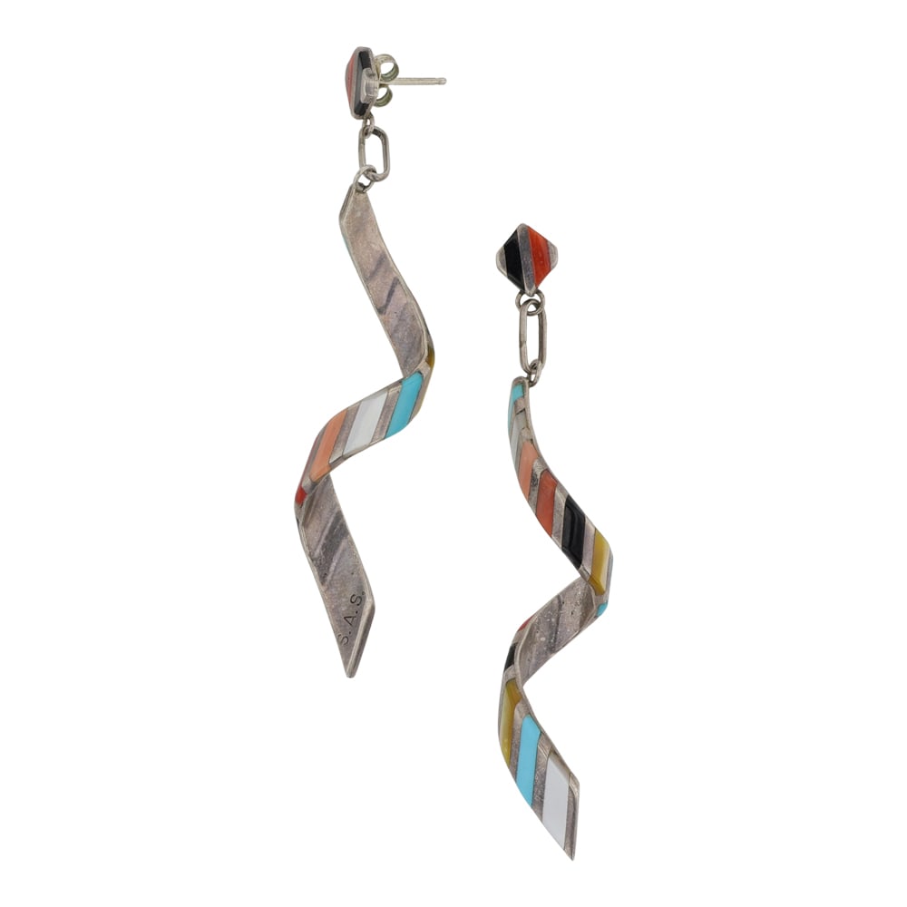 Zuni Turquoise Coral Mothe mother Pearl & Shell Inlay Swirl Earrings: Sterling Silver | Genuine Turquoise, Coral, Mother of Peral & Shell | Zuni Turquoise Coral Mothe mother Pearl & Shell Inlay Swirl Earrings | Zuni Native American Southwest Indian Jewelry | Good (no br