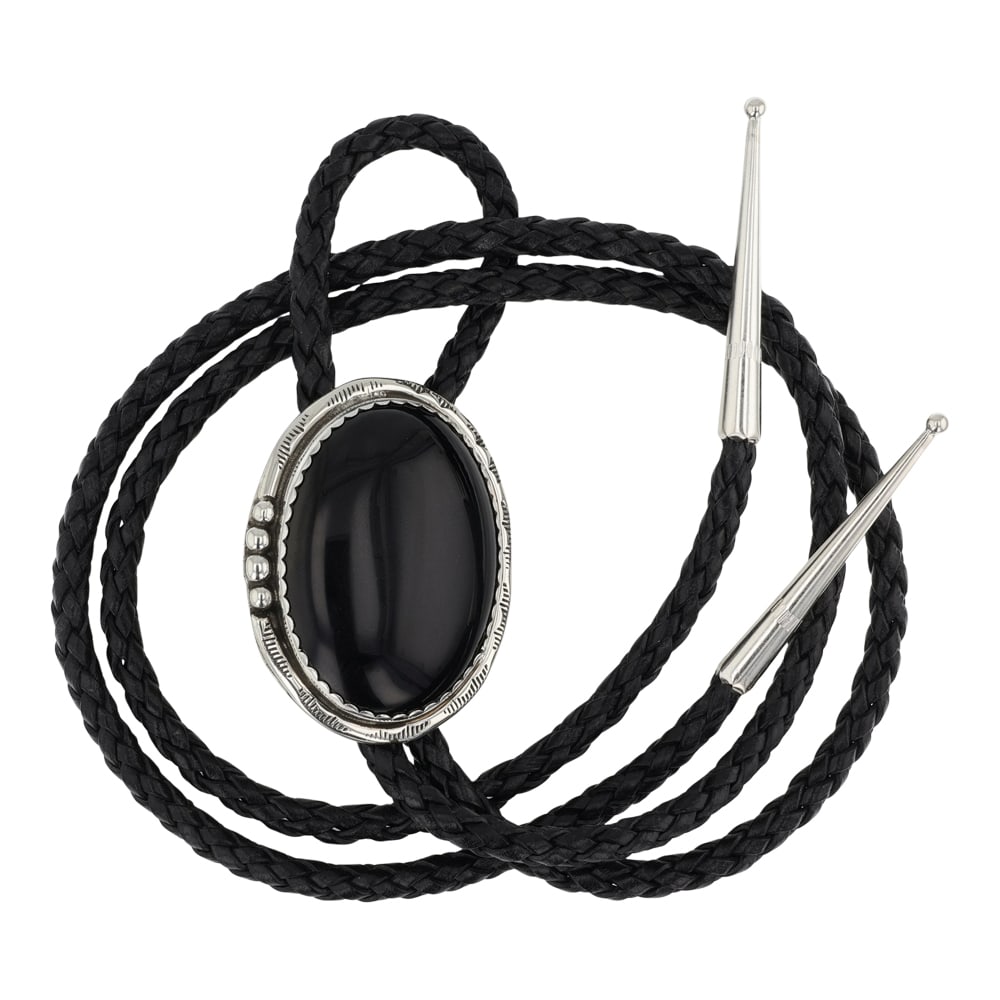 Navajo Black Onyx Bolo Tie: Sterling Silver | Genuine Black Onyx | Navajo Black Onyx Bolo Tie | Navajo Native American Southwest Indian Jewelry | Good (no breaks or damages) | Approximate Weight: 40 Grams | Bolo: 19" length, 1.7
