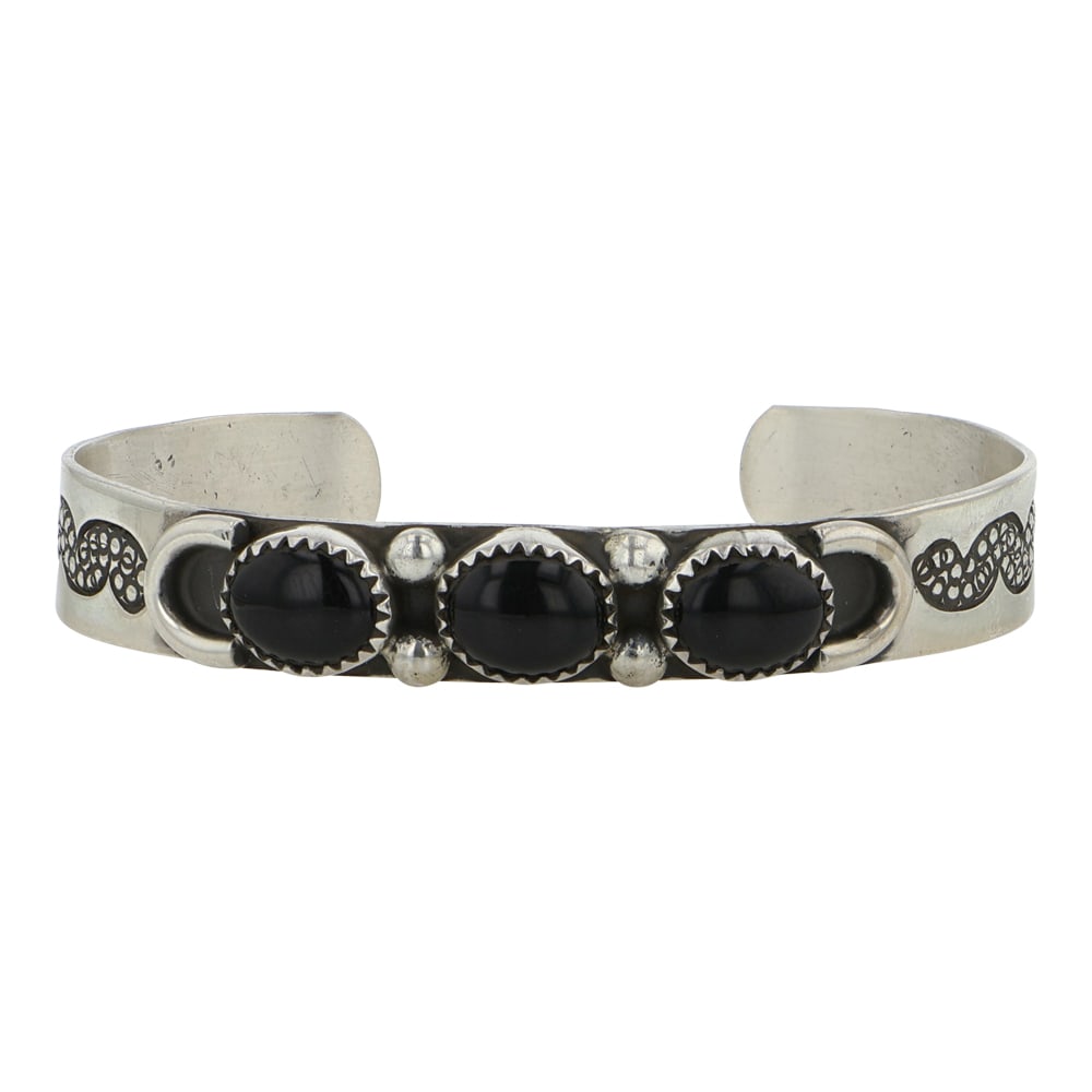 Fred Guerro Navajo Black Onyx Bracelet: Sterling Silver | Genuine Black Onyx | Fred Guerro Navajo Black Onyx Bracelet | Navajo Native American Southwest Indian Jewelry | Good (no breaks or damages) | Approximate Weight: 18 Grams | Bracelet:
