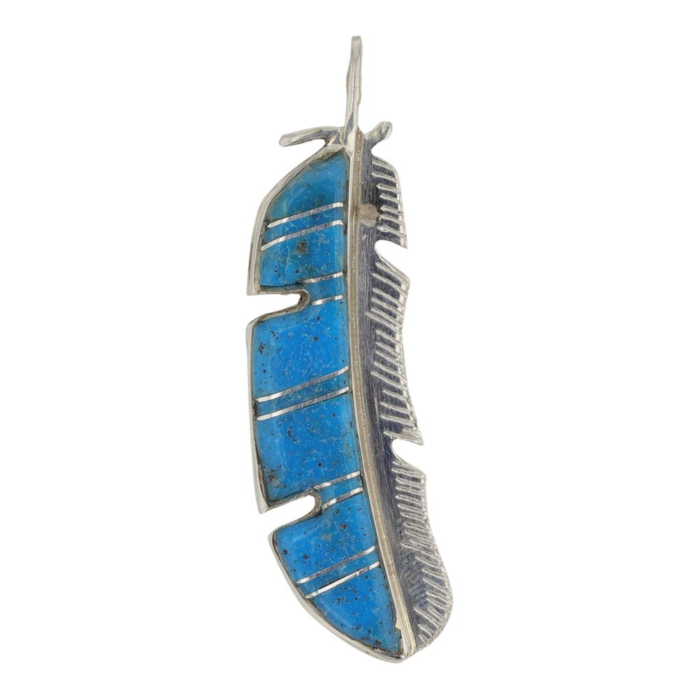 Zuni Kingman Turquoise Inlay Feather Pendant: Sterling Silver | Genuine Kingman Turquoise | Zuni Kingman Turquoise Inlay Feather Pendant | Zuni Native American Southwest Indian Jewelry | Good (no breaks or damages) | Approximate Weight: 6 Grams |