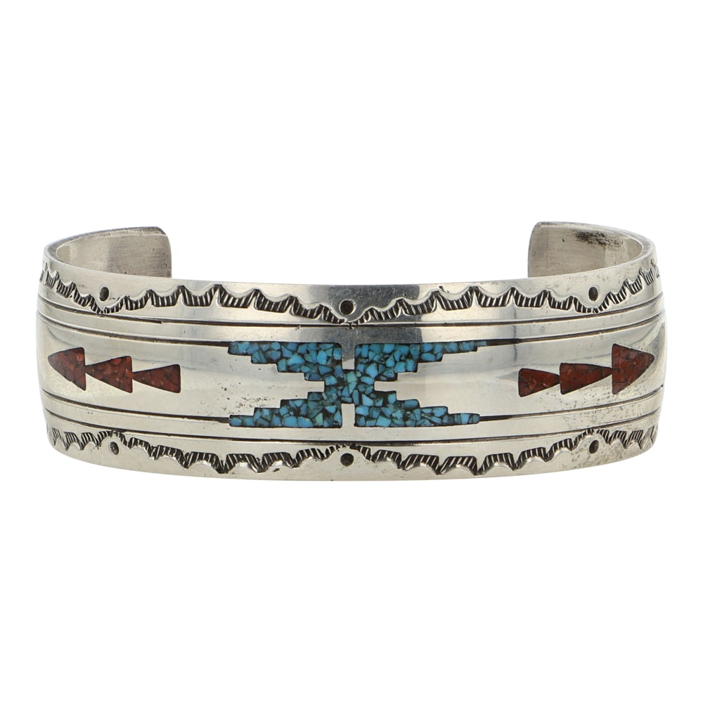 Thomas Singer ( Tommy Singer) (1940-2014) Early Work Turquoise & Coral Chip Inlay Bracelet: Sterling Silver | Genuine Turquoise & Coral | Thomas Singer ( Tommy Singer) (1940-2014) Early Work Turquoise & Coral Chip Inlay Bracelet | Navajo Native American Southwest Indian Jewelry | Good (no br