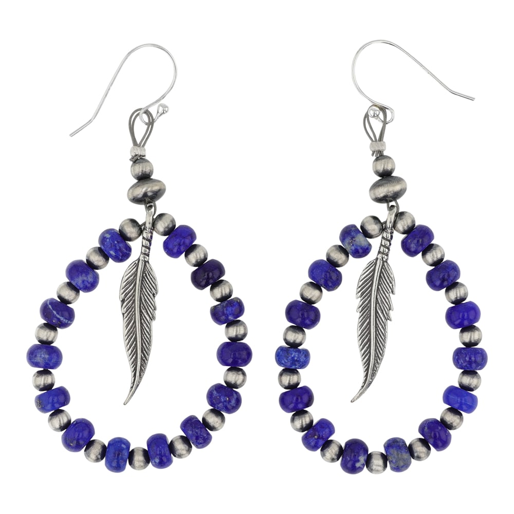 Navajo lapis & Oxidized Beads Hoop Earrings: Sterling Silver | Genuine Lapis | Navajo lapis & Oxidized Beads Hoop Earrings | Navajo Native American Southwest Indian Jewelry | Good (no breaks or damages) | Approximate Weight: 13 Grams | Earrings: