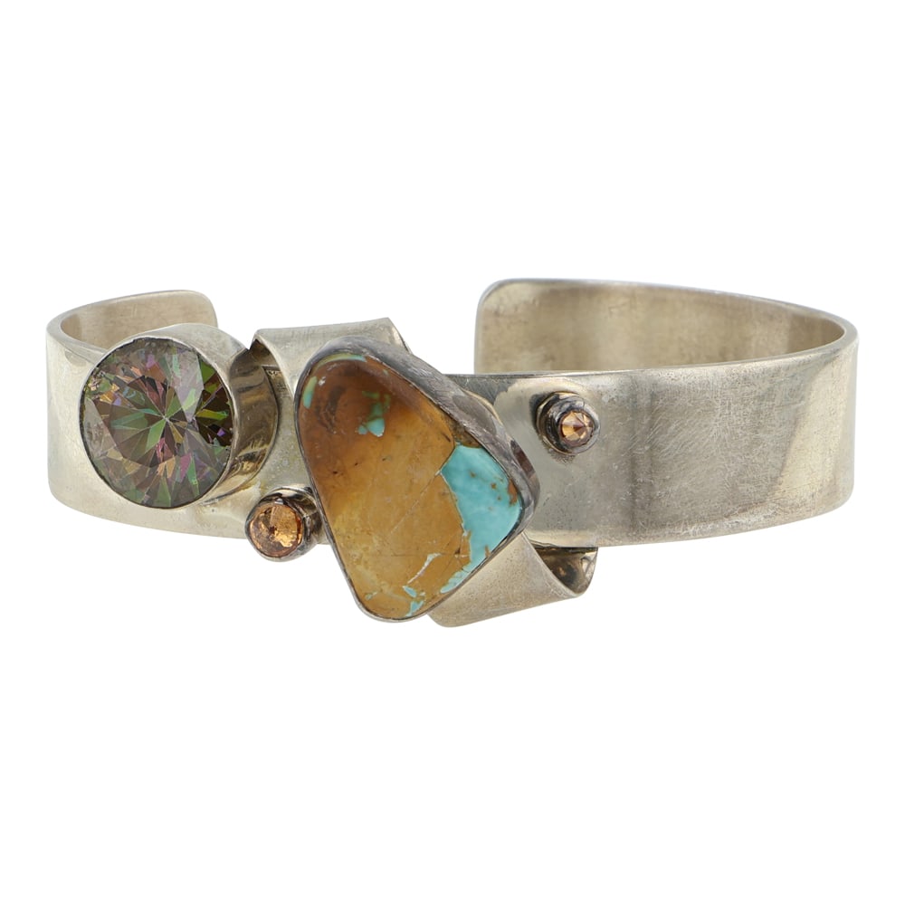 Lilly Barrack Southwest Shop Boulder Turquoise & Quartz Contemporary Design Bracelet: Sterling Silver | Genuine Boulder Turquoise & Quartz | Lilly Barrack Southwest Shop Boulder Turquoise & Quartz Contemporary Design Bracelet | Southwest American Shop Jewelry | Good (no breaks or damag
