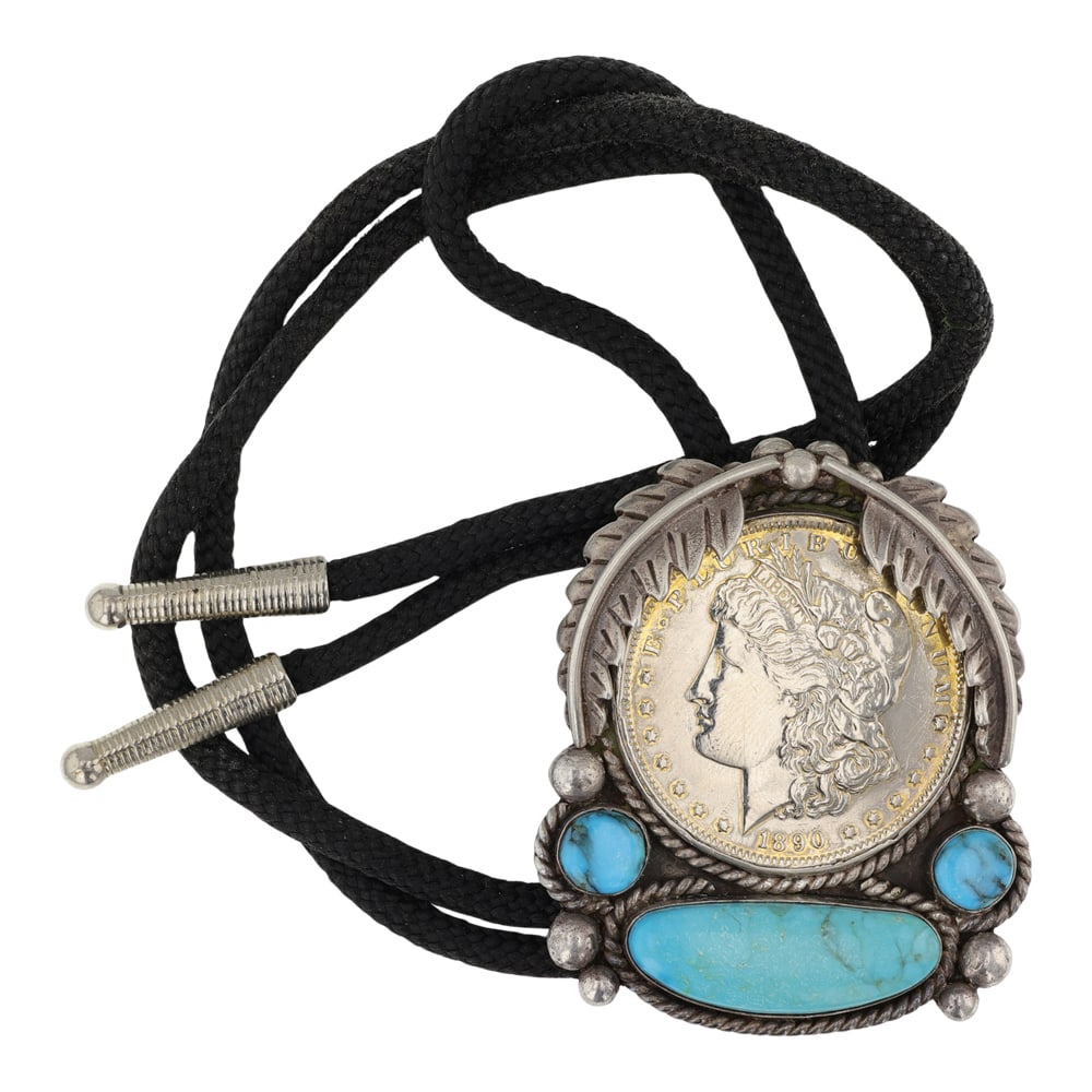 Vintage Navajo Kingman Turquoise & Silver Morgan Dollar Bolo Tie (1 of 3)