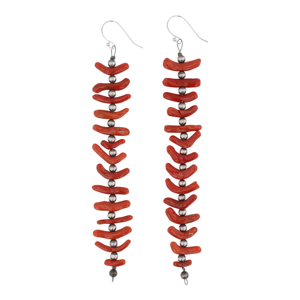 Navajo Mediterranean Coral Branches & Oxidized Beads Earrings: Sterling Silver | Genuine Mediterranean Coral | Navajo Mediterranean Coral Branches & Oxidized Beads Earrings | Navajo Native American Southwest Indian Jewelry | Good (no breaks or damages) | Approxim