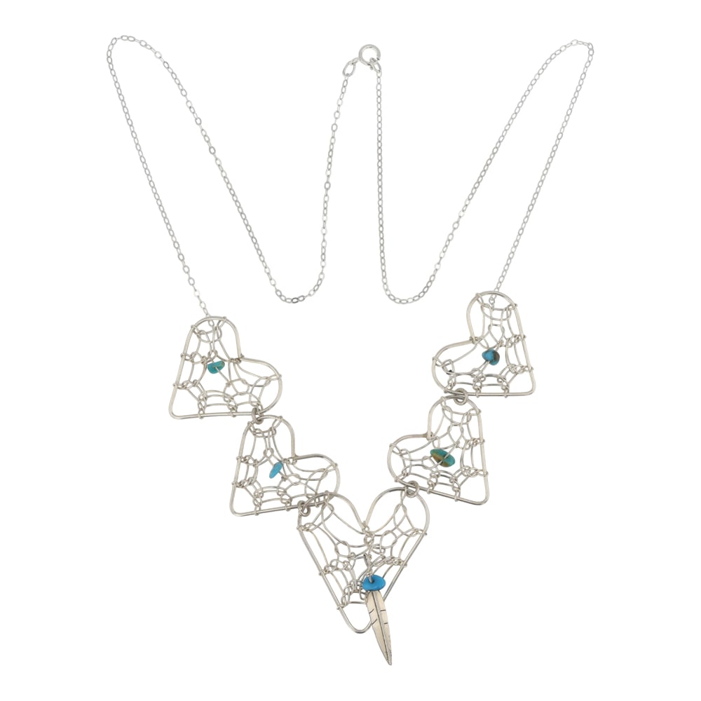 Navajo Kingman Turquoise Dream Catcher Necklace: Sterling Silver | Genuine Kingman Turquoise | Navajo Kingman Turquoise Dream Catcher Necklace | Navajo Native American Southwest Indian Jewelry | Good (no breaks or damages) | Approximate Weight: 6 Gr