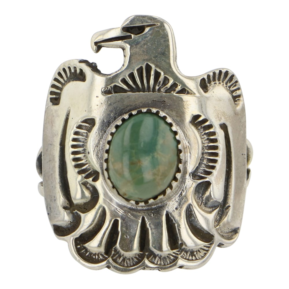RB Navajo Nevada Turquoise Thunderbird Ring: Sterling Silver | Genuine Nevada Turquoise | RB Navajo Nevada Turquoise Thunderbird Ring | Navajo Native American Southwest Indian Jewelry | Good (no breaks or damages) | Approximate Weight: 5 Grams |