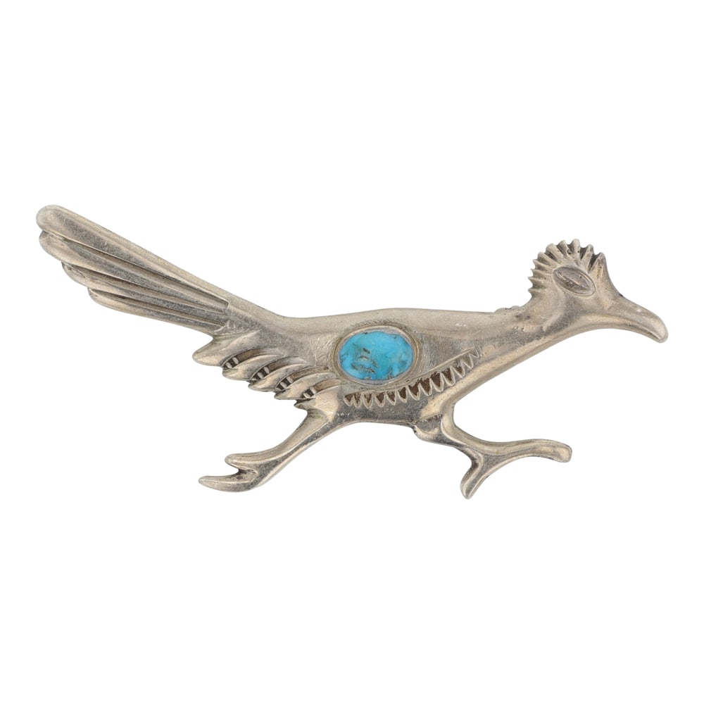Vintage Navajo Kingman Turquoise Roadrunner Pin: Sterling Silver | Genuine Kingman Turquoise | Vintage Navajo Kingman Turquoise Roadrunner Pin | Navajo Native American Southwest Indian Jewelry | Good (no breaks or damages) | Approximate Weight: 8 Gr