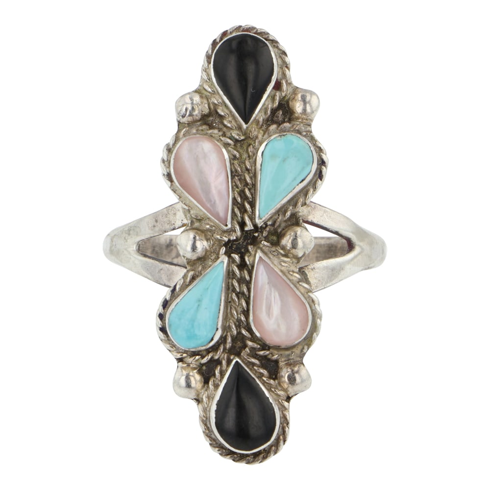 Zuni Turquoise Acoma Jet & Shell Inlay Ring (1 of 3)