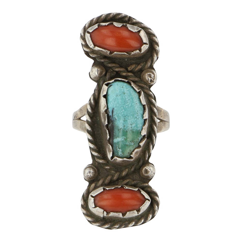 Vintage Navajo Turquoise & Coral: Sterling Silver | Genuine Turquoise & Coral | Vintage Navajo Turquoise & Coral | Navajo Native American Southwest Indian Jewelry | Good (no breaks or damages) | Approximate Weight: 9 Grams | Ring: 8 s