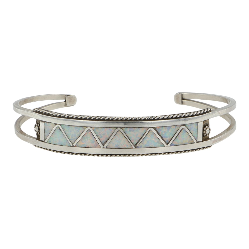 Zuni Synthetic Opal Inlay Bracelet t: Sterling Silver | Synthetic Opal | Zuni Synthetic Opal Inlay Bracelet t | Zuni Native American Southwest Indian Jewelry | Good (no breaks or damages) | Approximate Weight: 11 Grams | Bracelet: 5.25" i