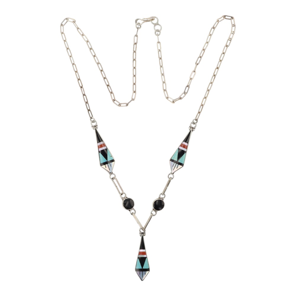 Vintage Zuni Turquoise Coral & Acoma Jet Inlay Necklace (1 of 3)