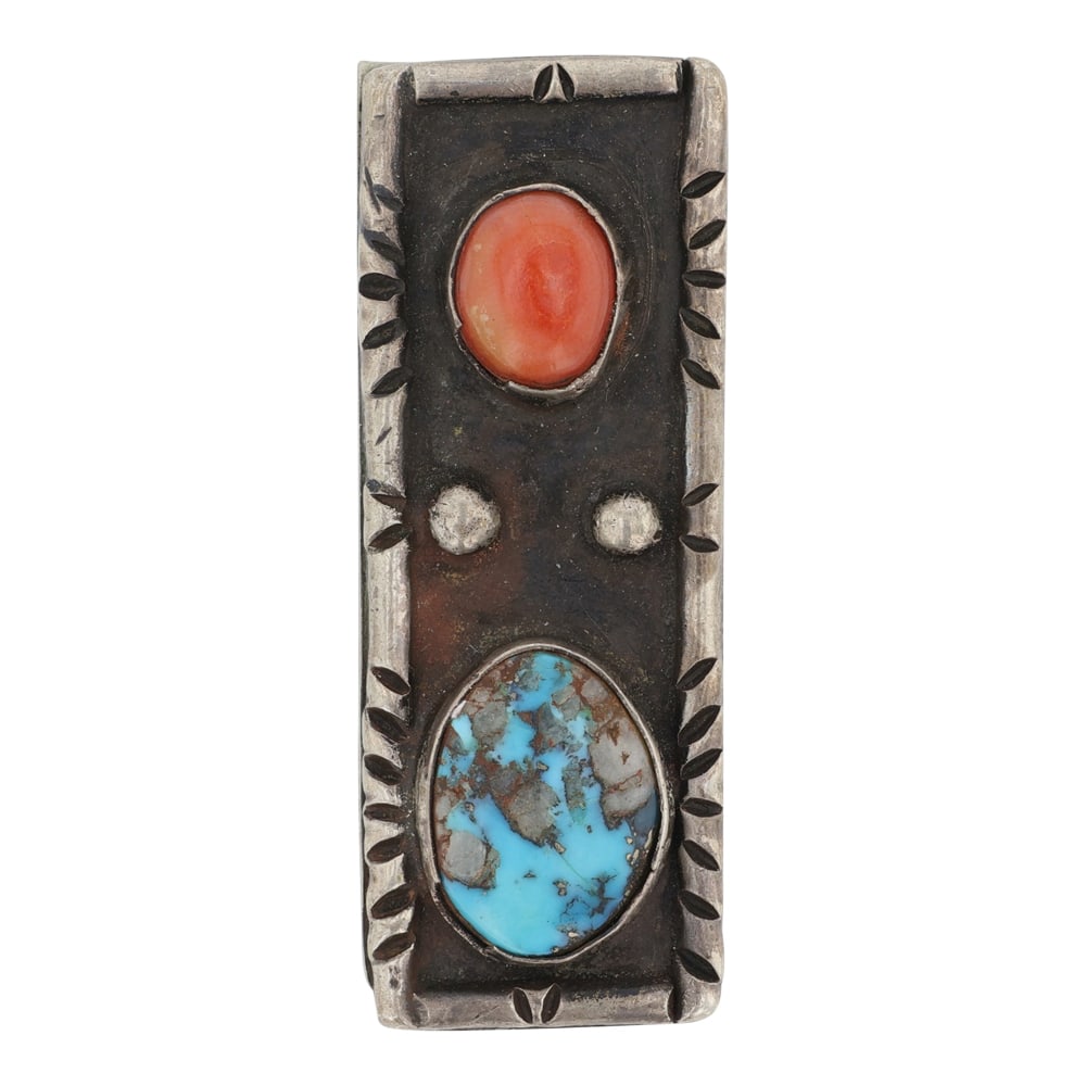 Vintage Navajo Turquoise & Coral Money Clip: Sterling Silver | Genuine Turquoise & Coral | Vintage Navajo Turquoise & Coral Money Clip | Navajo Native American Southwest Indian Jewelry | Good (no breaks or damages) | Approximate Weight: 28 Grams